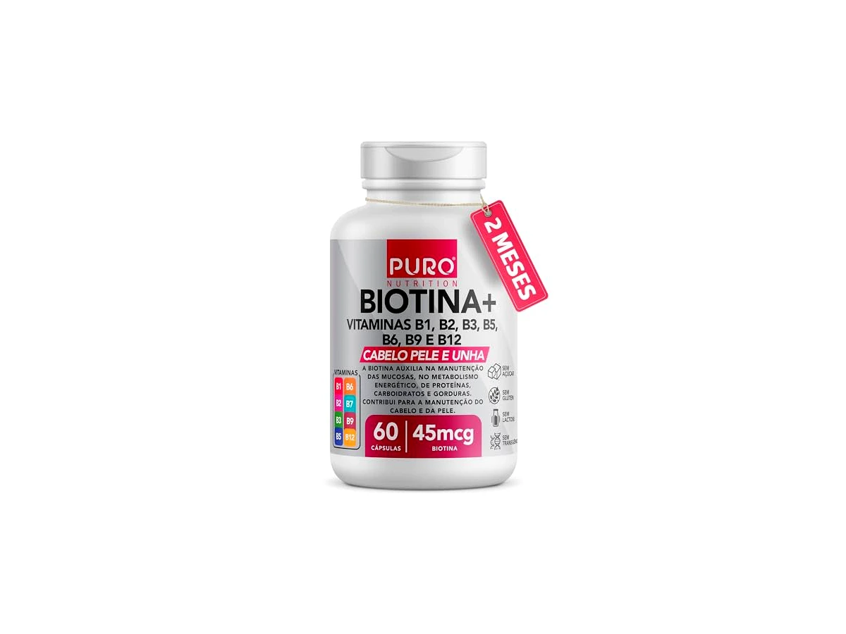 Biotina + Puro Nutrition Pele, Cabelo e Unhas, 45 mcg de Biotina por dose, Vitaminas B1, B2, B3, B5, B6, B9 e B12, 60 Cápsulas