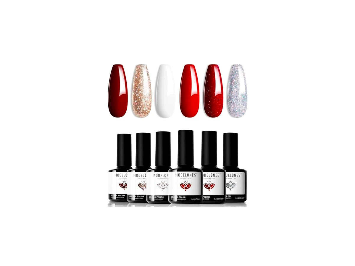 modelones Red Gel Nail Polish Set 6 Colors, White Glitter Sparkle Bright Burgundy Dark Rose Champagne Silver Candy Cane Nail Polish Kit