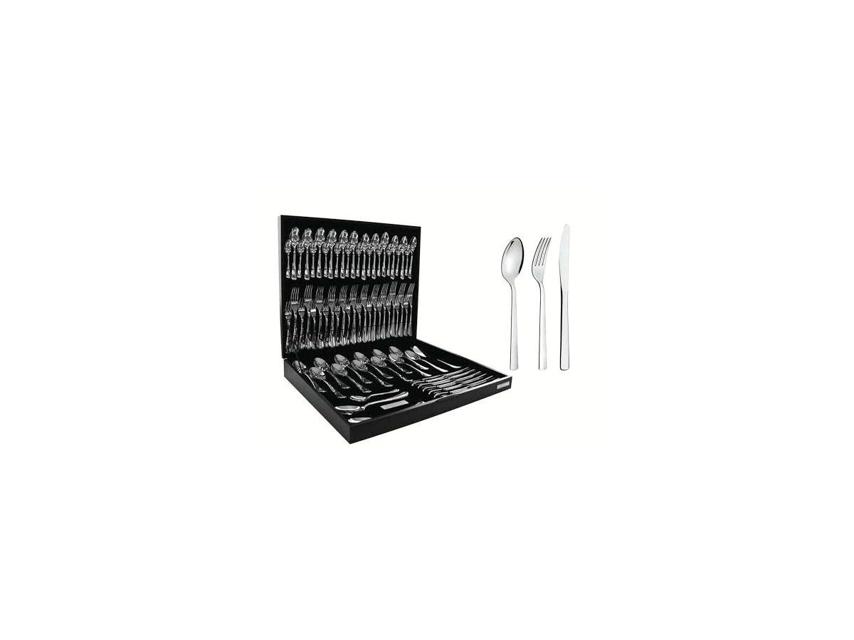 Faqueiro Tramontina Pacific em Aço Inox com Facas para Churrasco Acabamento Brilho e Estojo de Madeira MDF 76 Peças (Ref: 66961/014)