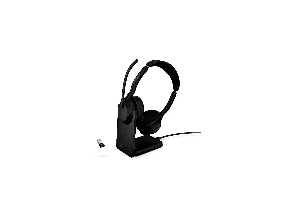 Jabra Fone de ouvido estéreo sem fio Evolve2 55 – Suporte de carregamento, tecnologia AirComfort, microfones com cancelamento de ruído e cancelamento ativo de ruído – Funciona com plataformas UC como