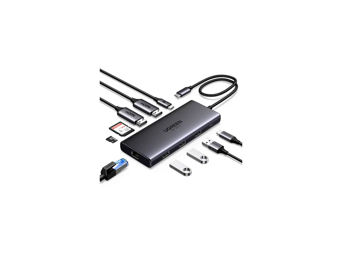 Hub USB C UGREEN Revodok Pro 210, 10 em 1, 2 HDMI 4K 60Hz, Ethernet 1000Mbps, PD 100W, 3 USB-A, USB-C 3.0, Leitor SD/TF