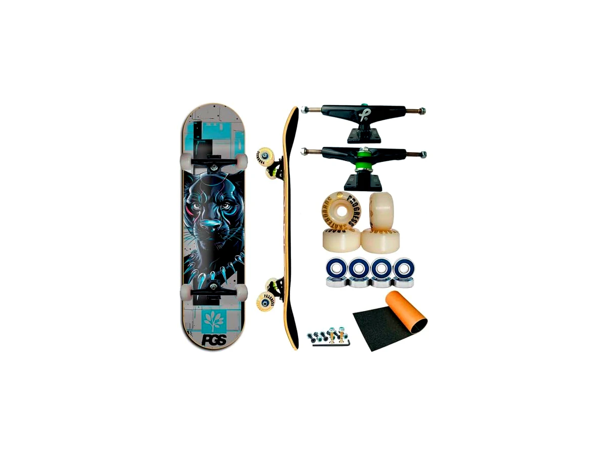 Skate Montado PGS Profissional Marfim Wood Black 8.0" com Rodas Poliuretano 53mm e Lixa Emborrachada