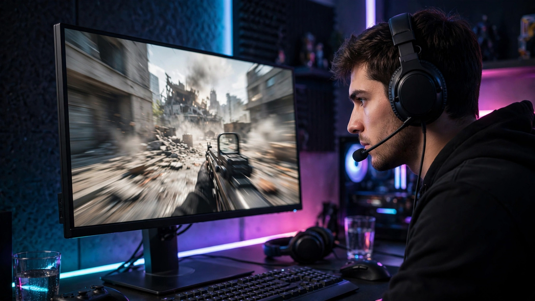 Monitor Fast IPS gamer com zero motion blur em jogo de tiro