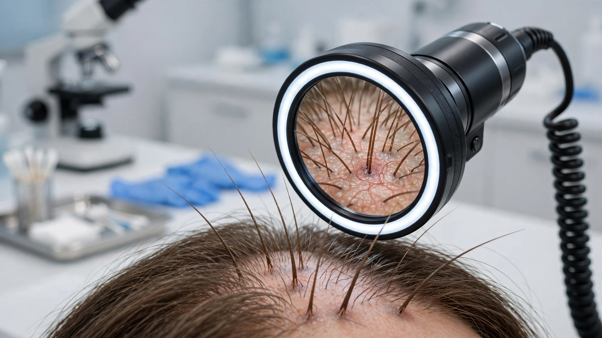 Exame de tricoscopia do couro cabeludo para diagnostico de calvicie
